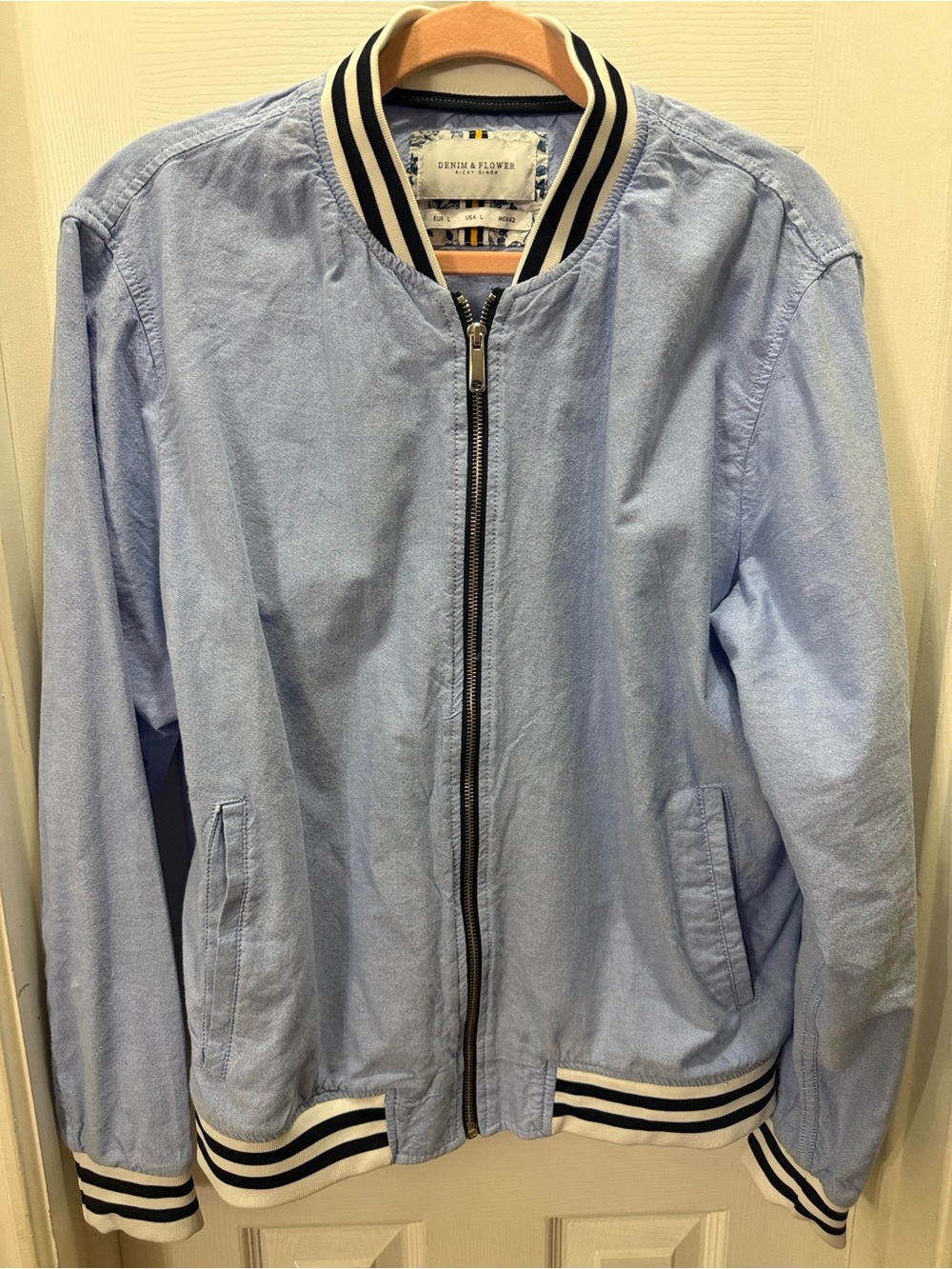 Denim & Flower Light Blue Bomber Jacket with Black, White Accents